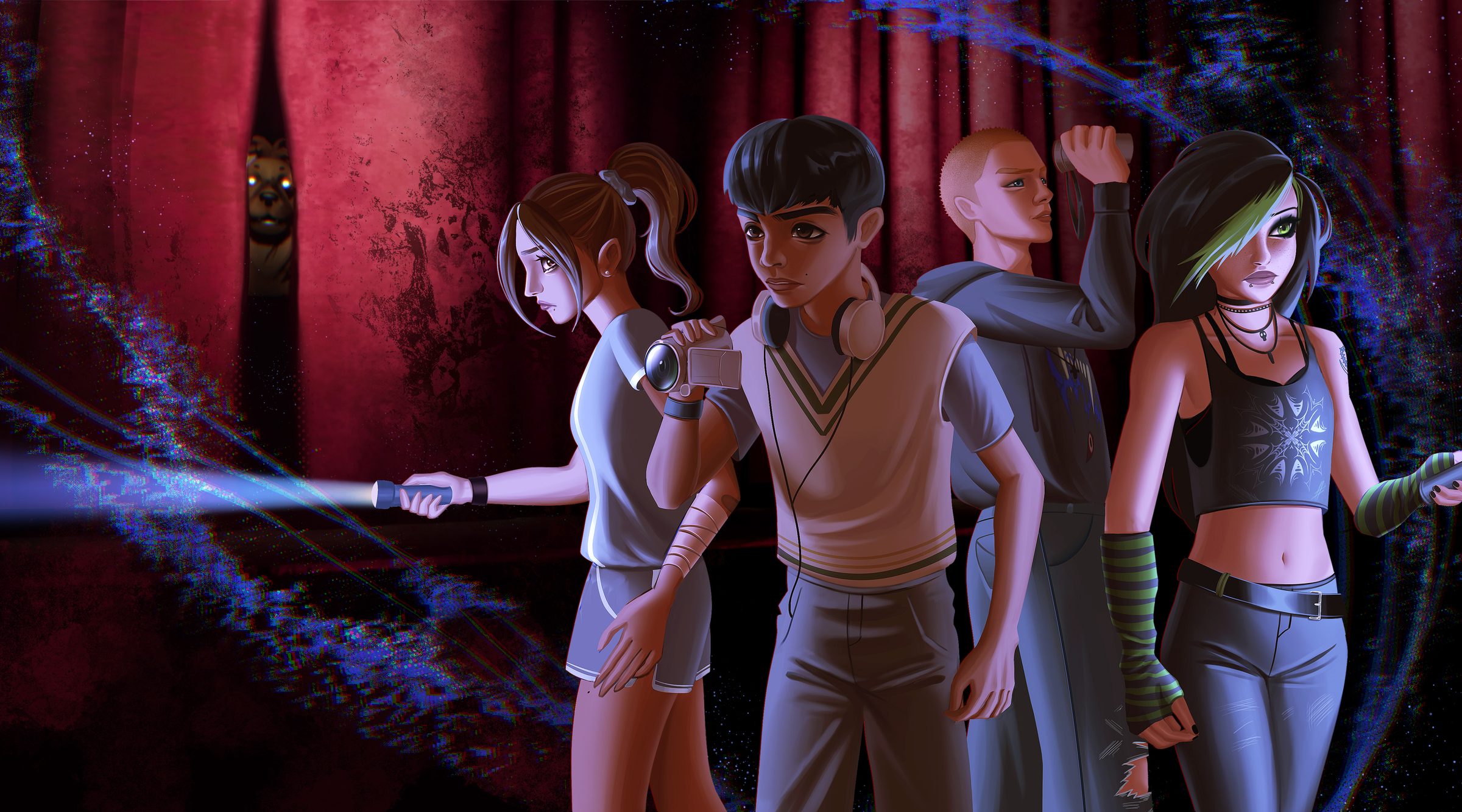 Four teens with a camcorder and flashlights in front of a red stage curtain, with something watching from the gap