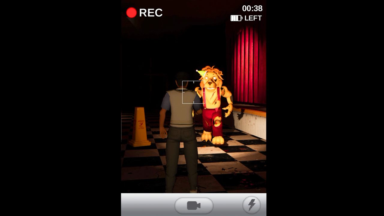 Phone camera view with a recording overlay and an animatronic lion standing near a stage curtain