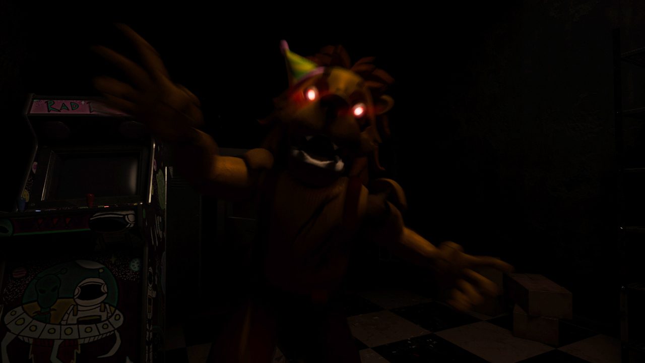 An animatronic lion with glowing eyes lunging out of the dark next to an arcade cabinet