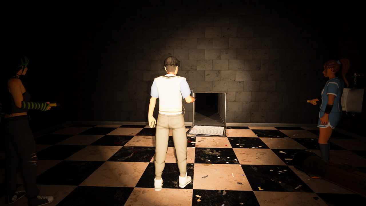 A teen opening a vent in a checkered bathroom while two friends hold flashlights